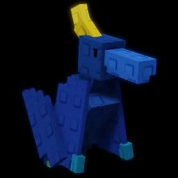 Blue pterodactyl with yellow tail spike and light-blue beak